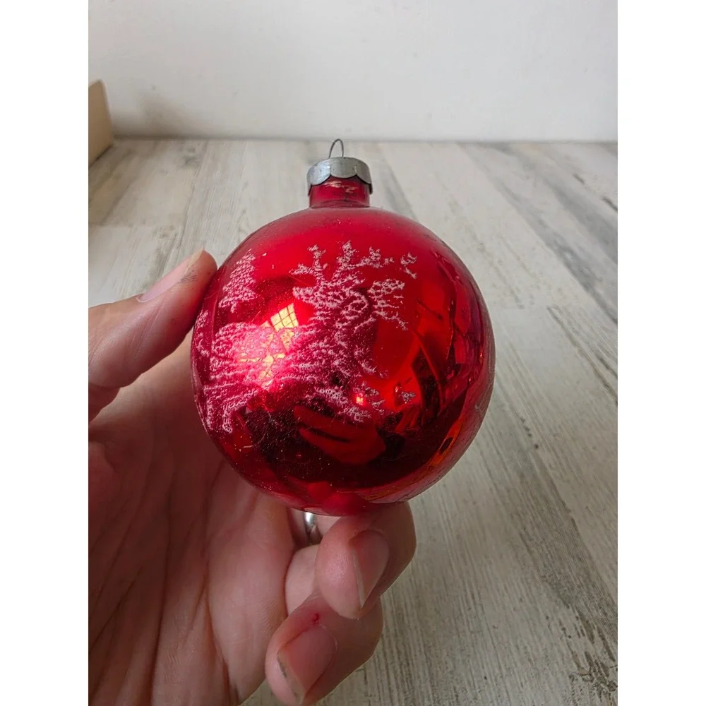 Vintage red Santa dear stencil glass ornament reindeer scene Xmas tree